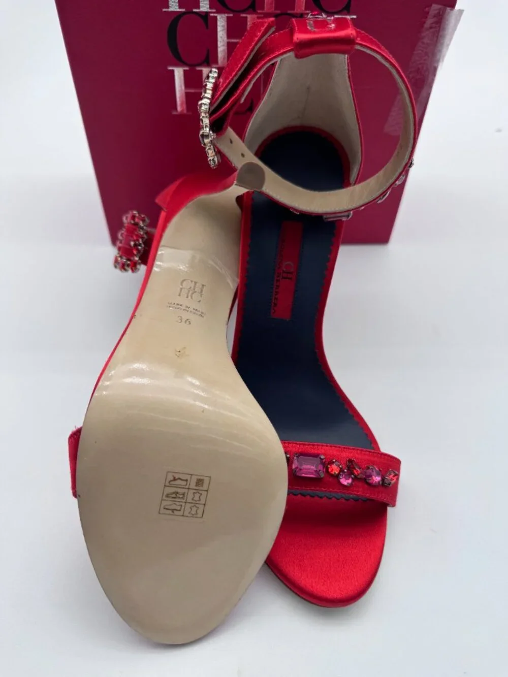 CH Carolina Herrera Red Satin Crystal Embellished Heels Size 36 Box
